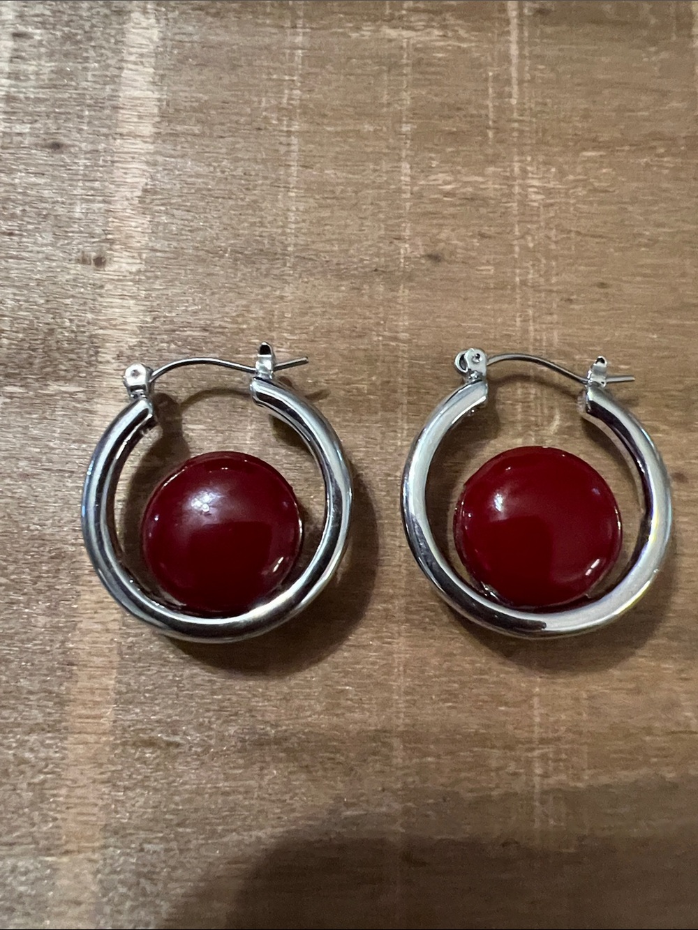 3/$18 NWOT Silver Hoop Earrings with Red Enamel Center Lot 776
